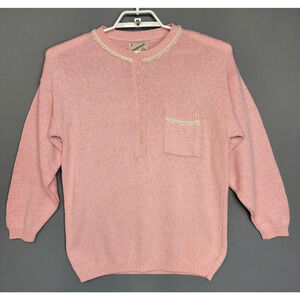 Vintage 80's Waterville Wool Sweater Womens M Pink Knit Crochet Lace Trim Button